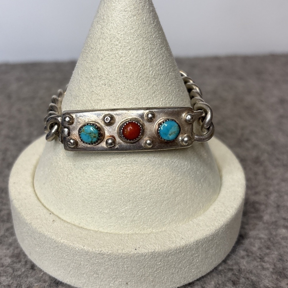 Vintage Sterling Silver Turquoise Coral Link Bracelet Southwestern 39g, 6"